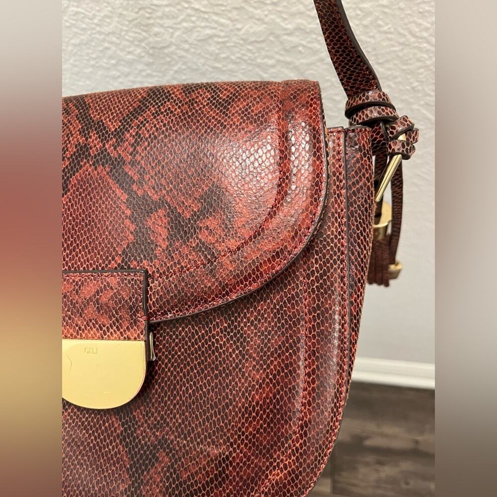 GILI Red Python Embossed Leather Saddle Bag Crossbody Shoulder Gold Hardware - Picture 7 of 16